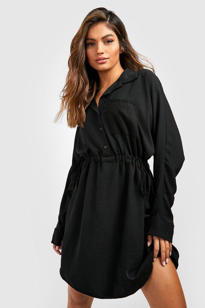 Womens Rouched Waist Utility Shirt Dress - Black - 8, Black
