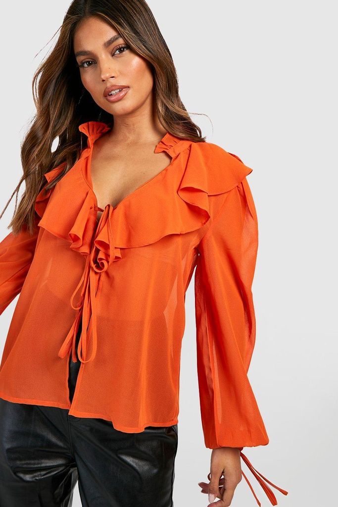 Womens Frill Detail Tie Front Blouse - Orange - 8, Orange