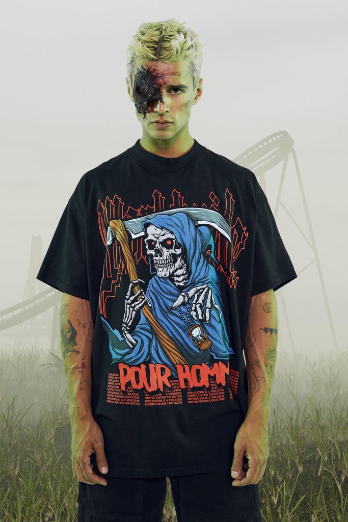 Men's Oversized Grim Reaper Graphic T-Shirt - Black - S, Black