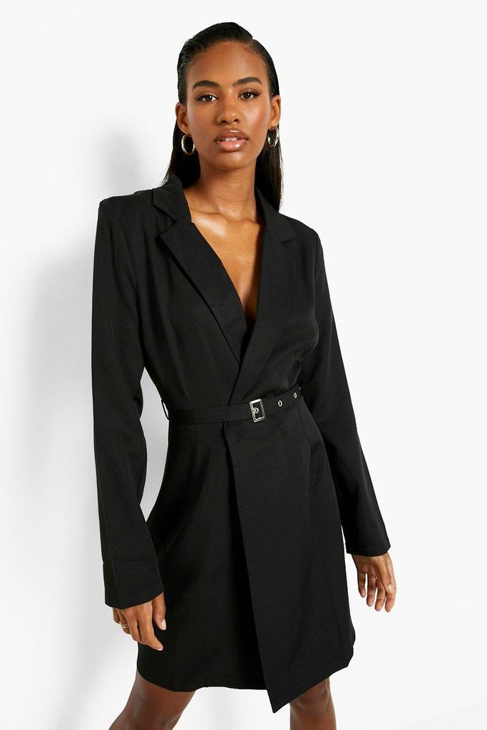 Womens Long Sleeve Belted Wrap Blazer Dress - Black - 8, Black