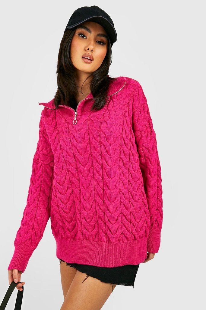 Womens Cable Detail Half Zip Knitted Jumper - Pink - S/M, Pink