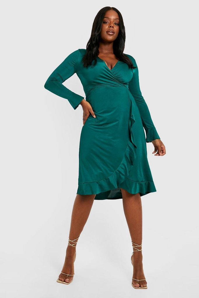 Womens Plus Slinky Ruffle Wrap Midi Dress - Green - 28, Green