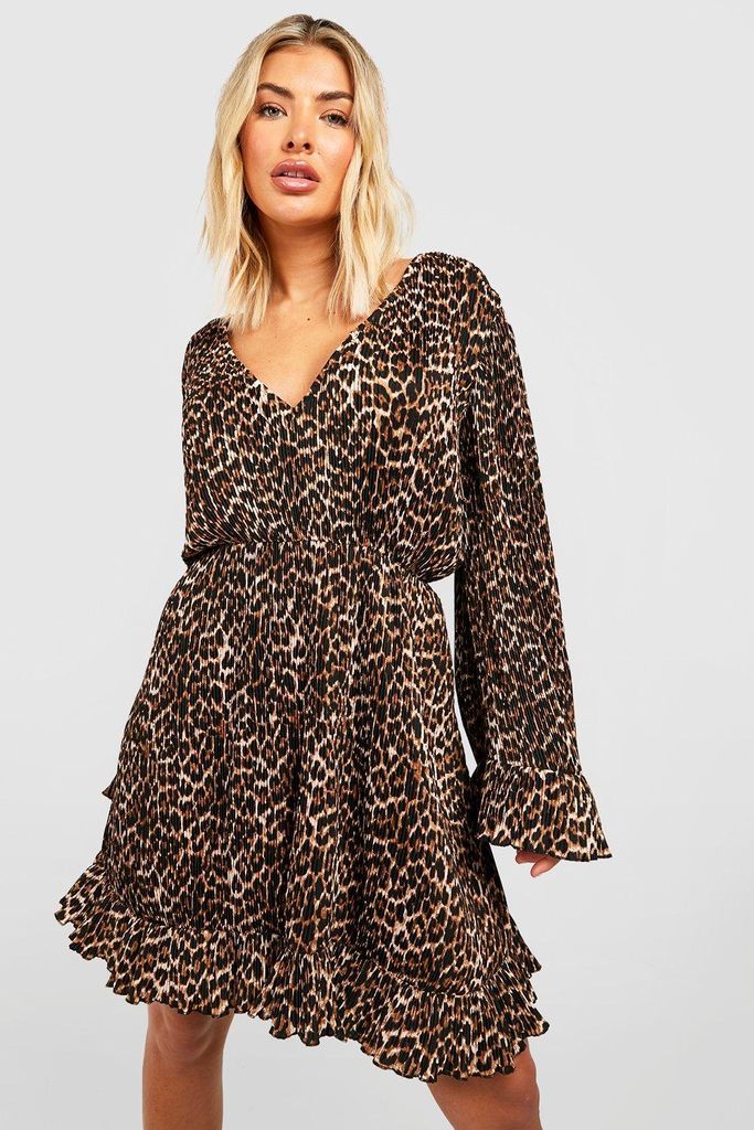 Womens Pleated Leopard V Neck Smock Dress - Brown - 8, Brown