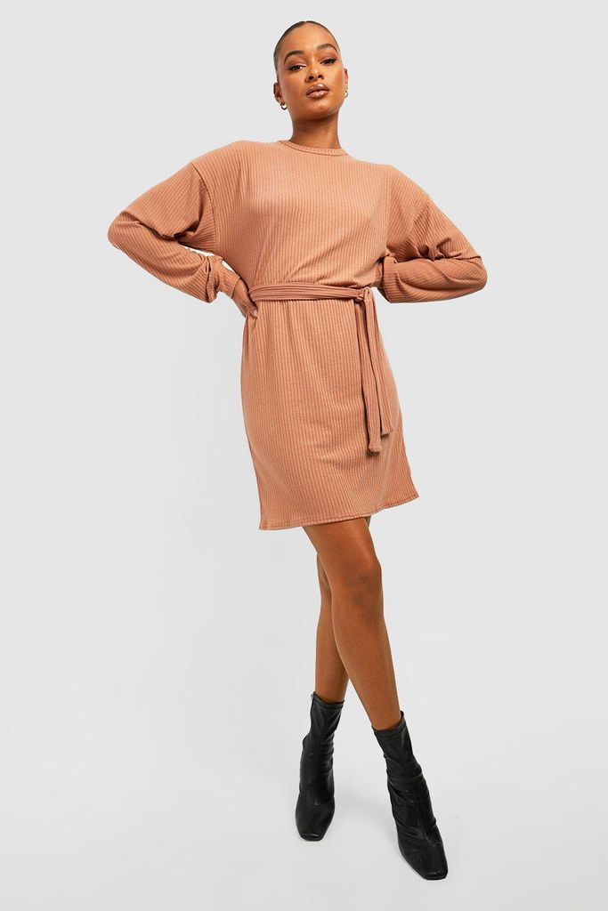 Womens Tall Soft Rib Longsleeve Belted Mini Dress - Beige - 6, Beige