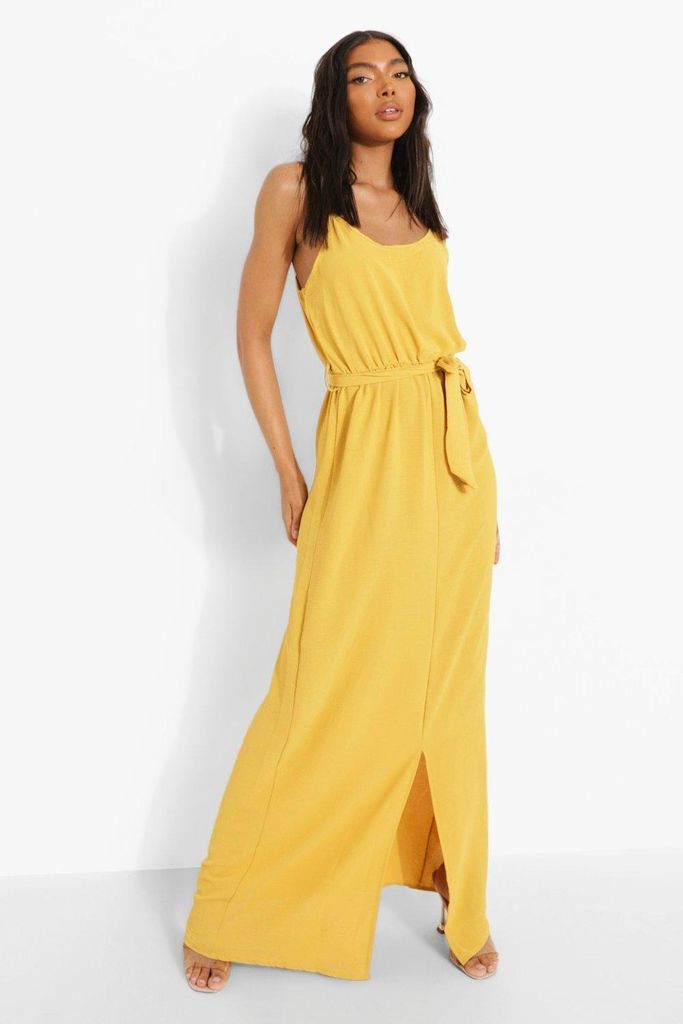 Womens Tall Linen Look Belted Split Maxi Dress - Yellow - 6, Yellow