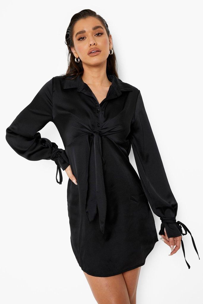 Womens Satin Tie Detail Shirt Dress - Black - 10, Black