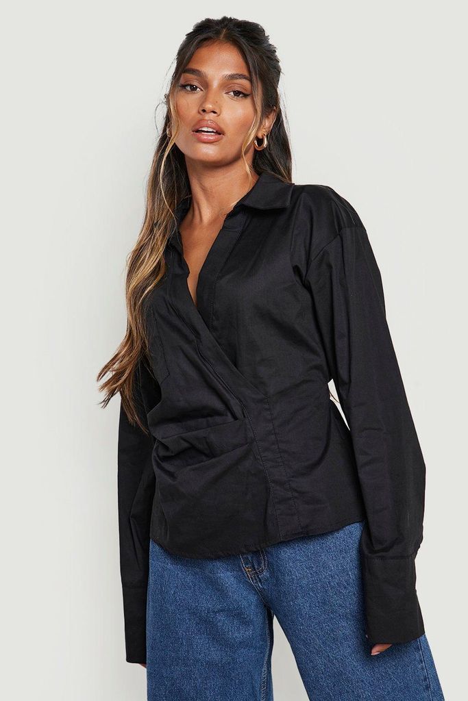 Womens Cotton Wrap Pocket Detail Shirt - Black - 6, Black
