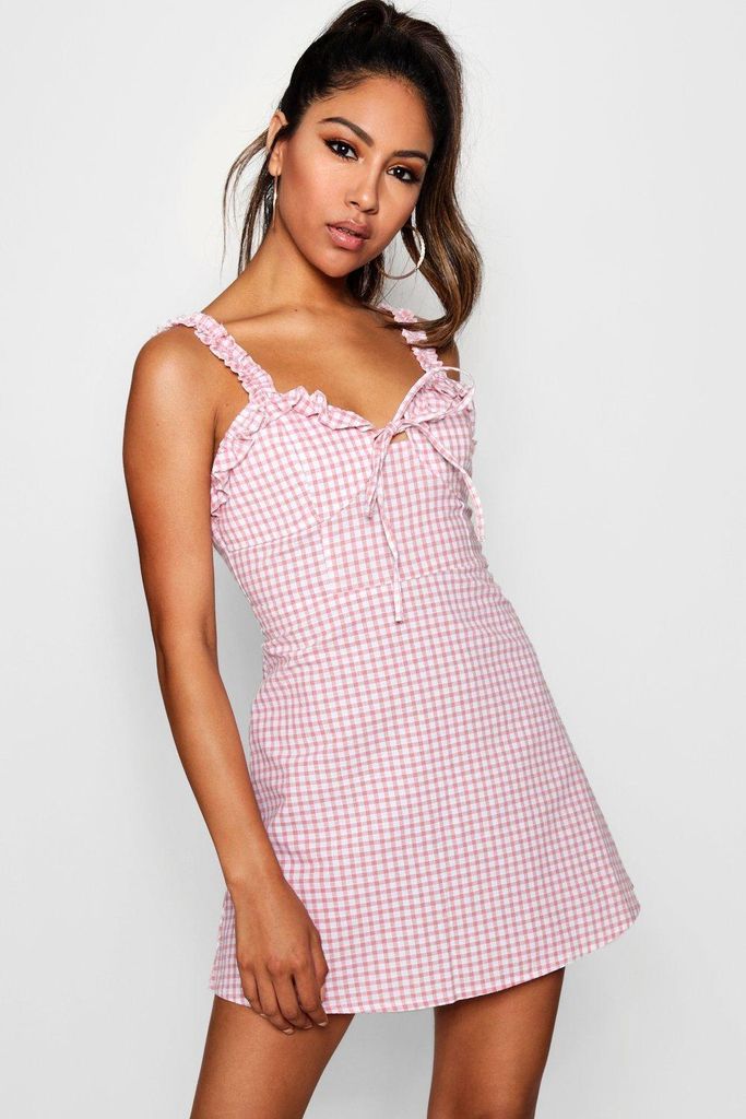 Womens Ruffle Shoulder Gingham Mini Dress - Pink - 12, Pink