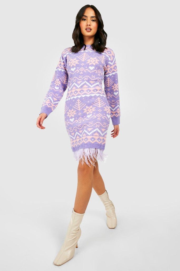 Womens Premium Feather Trim Christmas Jumper Dress - Purple - S, Purple
