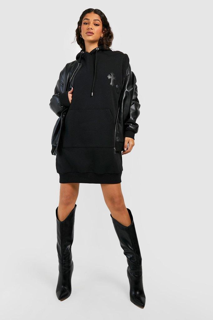 Womens Pu Cross Applique Oversized Hooded Sweat Dress - Black - 8, Black