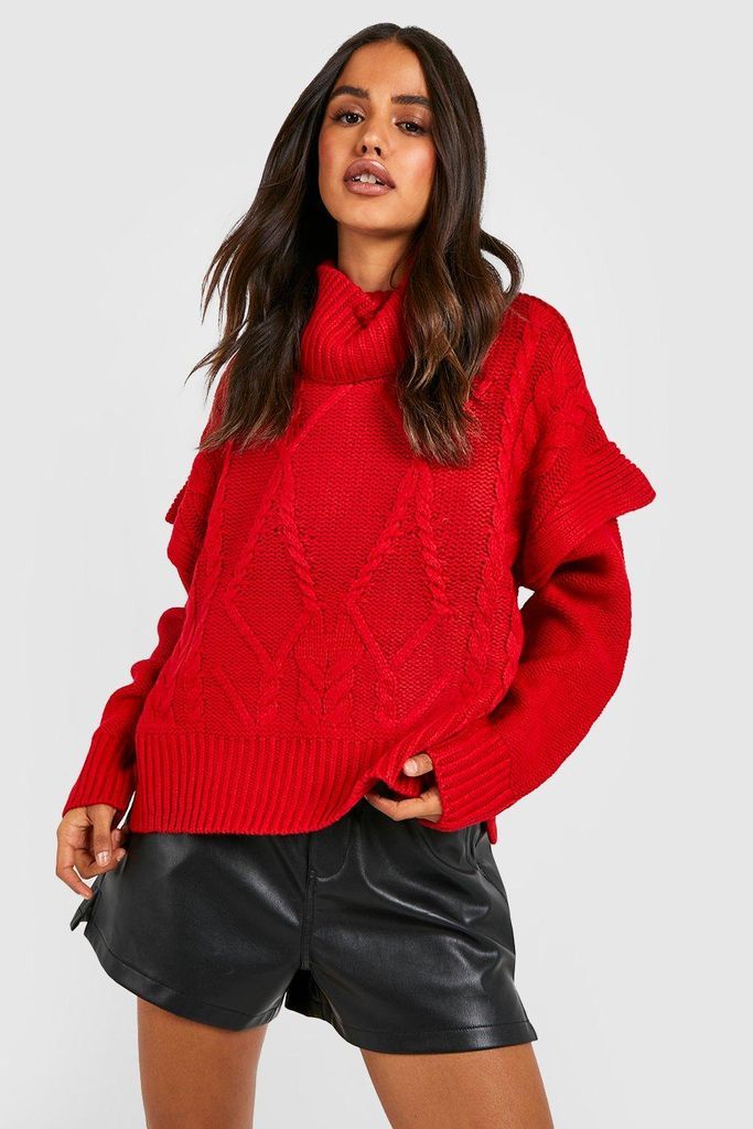 Womens Cable Knit Shoulder Detail Roll Neck Jumper - Red - Xs, Red