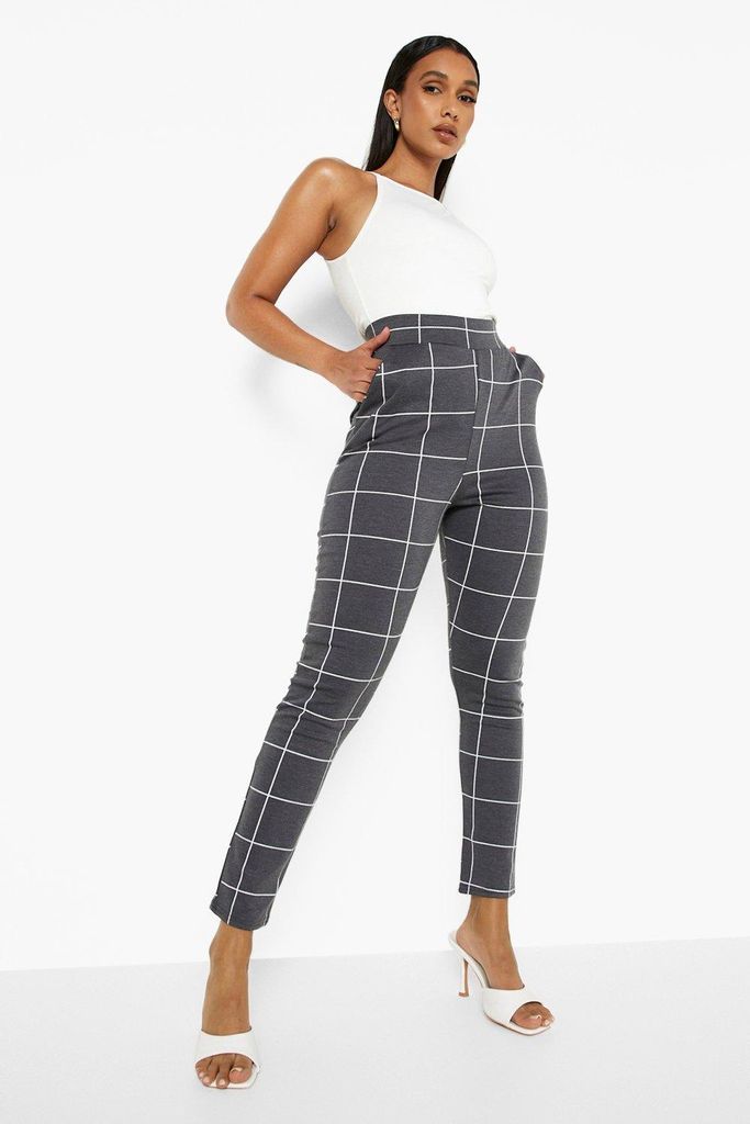 Womens Check Print High Waisted Skinny Trousers - Grey - 6, Grey