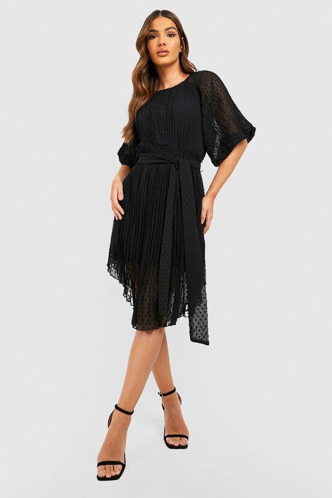 Womens Dobby Puff Sleeve Midi Dress - Black - 8, Black