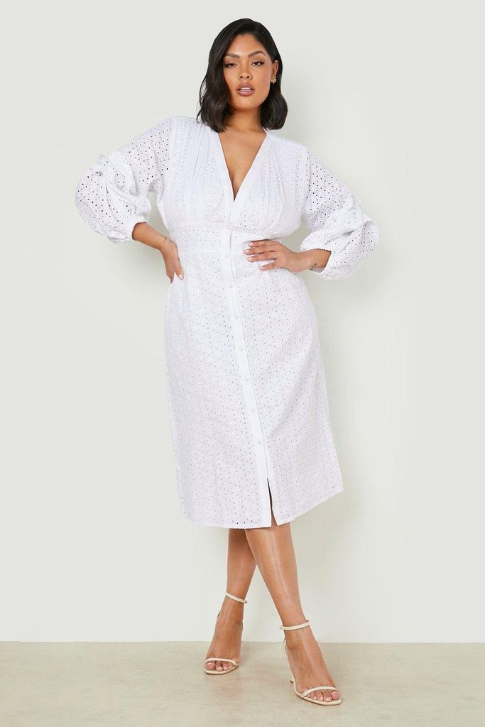 Womens Plus Broderie Volume Sleeve Midi Dress - White - 22, White