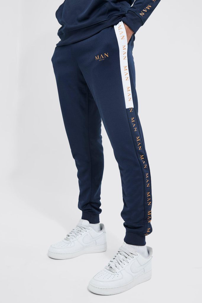 Men's Man Gold Skinny Side Panel Tricot Joggers - Navy - S, Navy