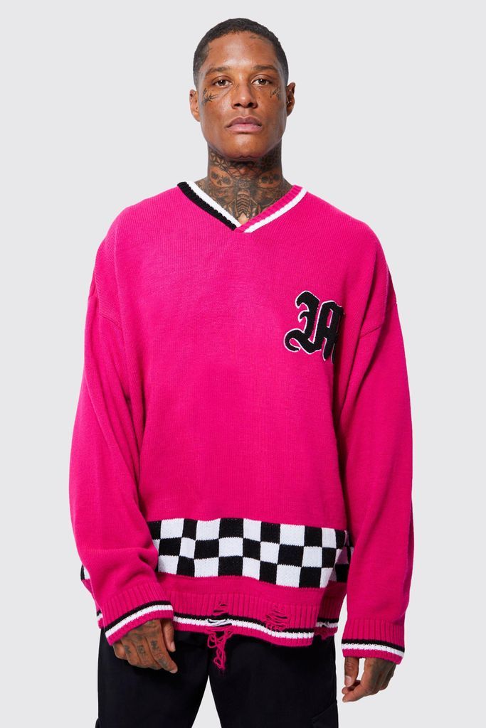 Men's Oversized Check Hem Knitted Hockey Top - Pink - S, Pink