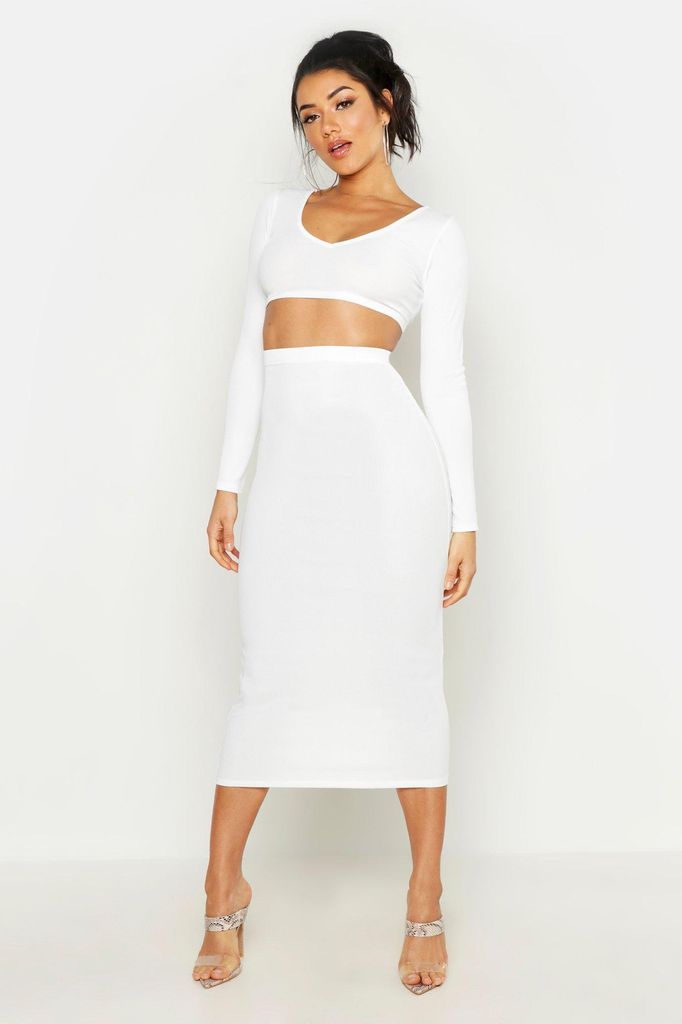 Womens Long Sleeve Crop And Midaxi Skirt Rib Co-Ord Set - White - 14, White