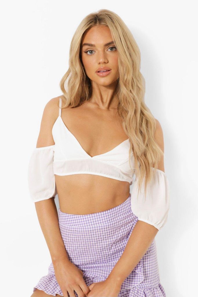 Womens Off The Shoulder Cotton Crop Top - White - 14, White
