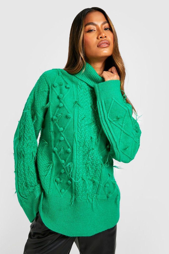 Womens Roll Neck Feather Cable Knitted Jumper - Green - S, Green