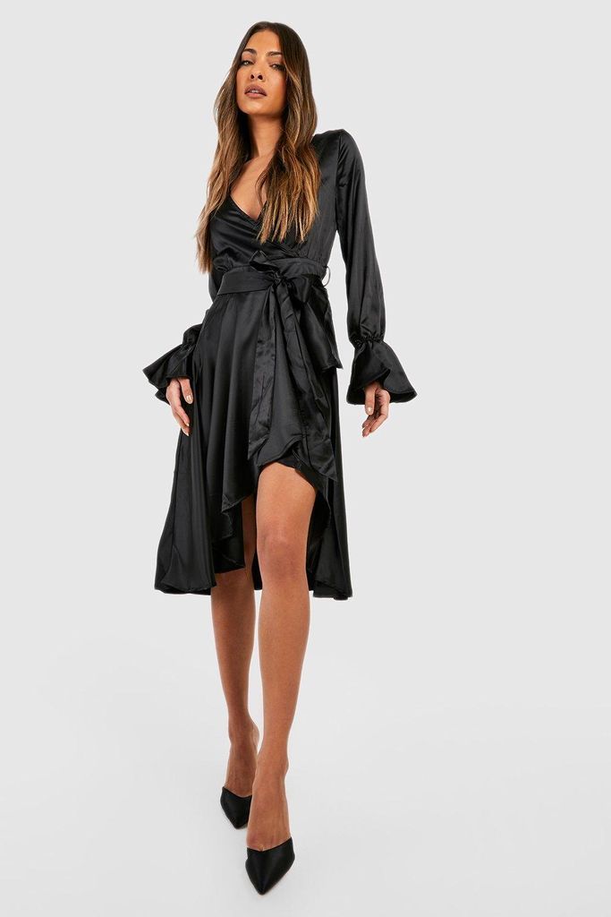 Womens Satin Flare Cuff Wrap Midi Dress - Black - 8, Black