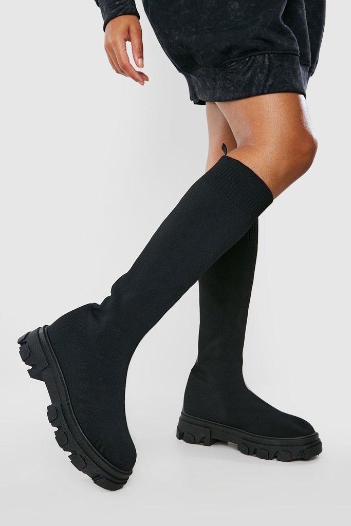Womens Wide Fit Knee High Knitted Chunky Boots - Black - 3, Black