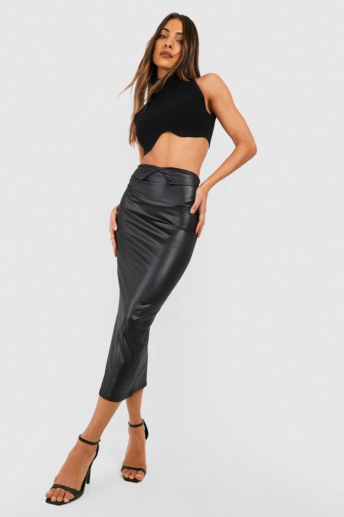 Womens Wet Look Folded Waist Midi Skirt - Black - 6, Black