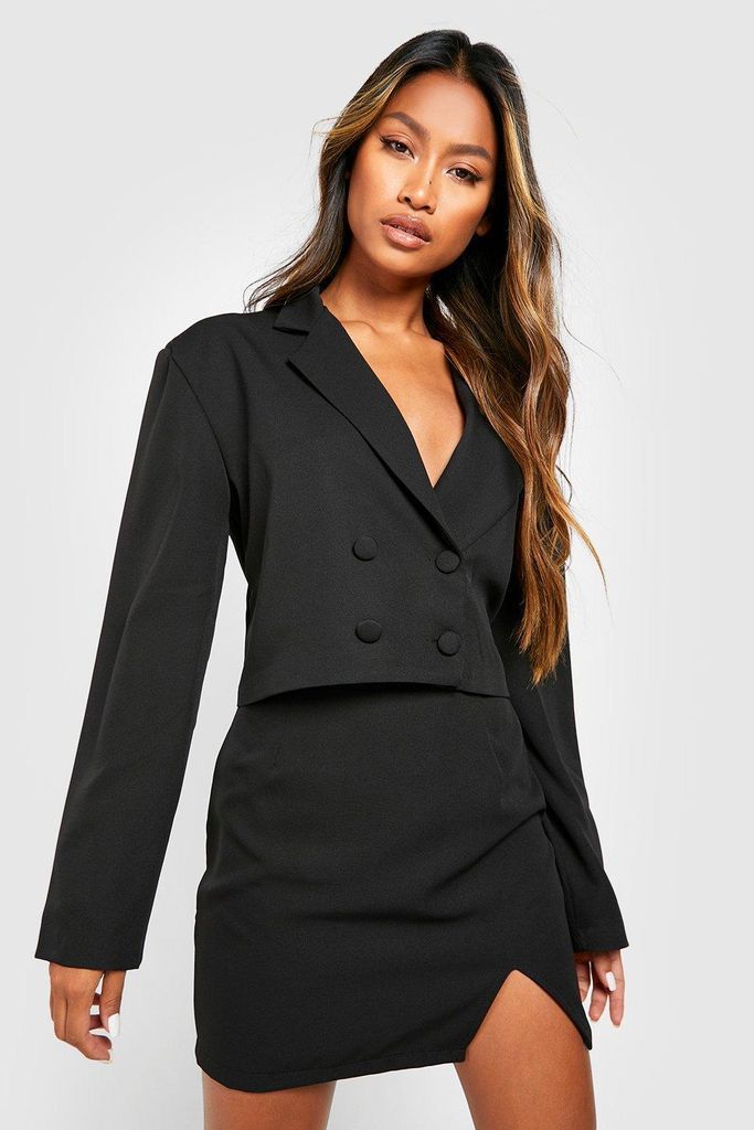 Womens Double Breasted Cropped Blazer - Black - 14, Black