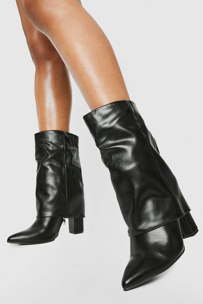 Womens Fold Over Calf High Boots - Black - 3, Black