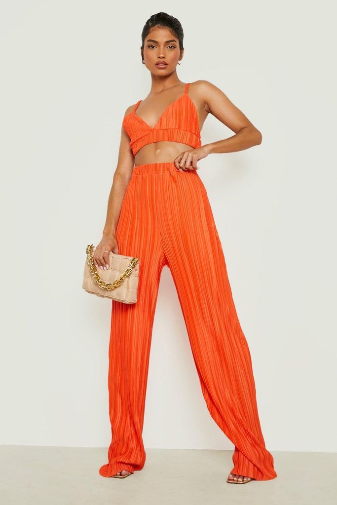 Womens Plisse Bralette & Wide Leg Trouser Set - Orange - 10, Orange