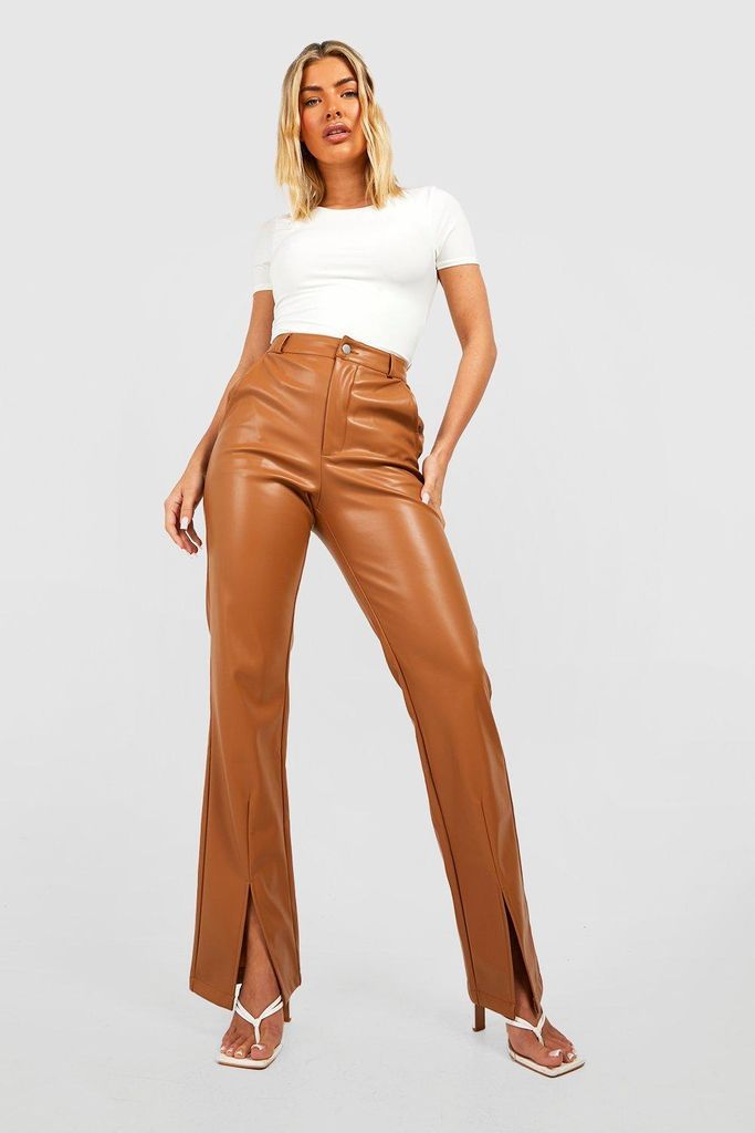 Womens Leather Look High Waisted Split Front Trousers - Brown - 6, Brown