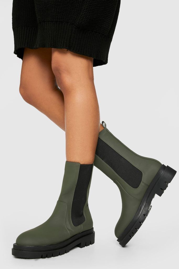 Womens Rubber Calf High Chunky Sole Chelsea Boots - Green - 3, Green