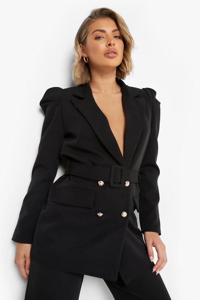 Womens Shoulder Detail Belted Tailored Blazer - Black - 16, Black