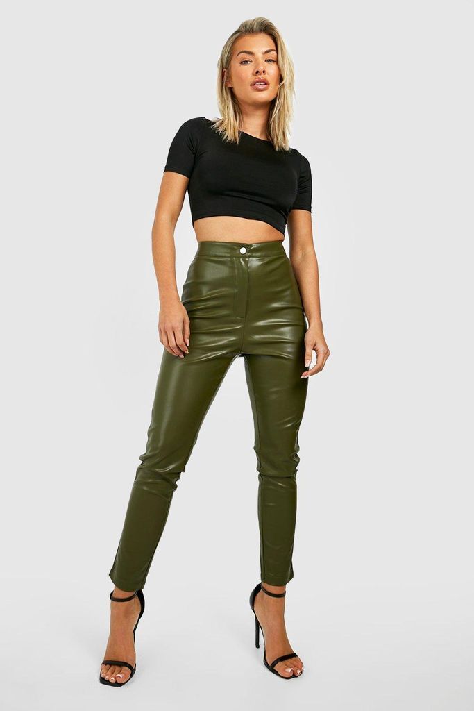 Womens Leather Look High Waisted Skinny Trousers - Green - 6, Green