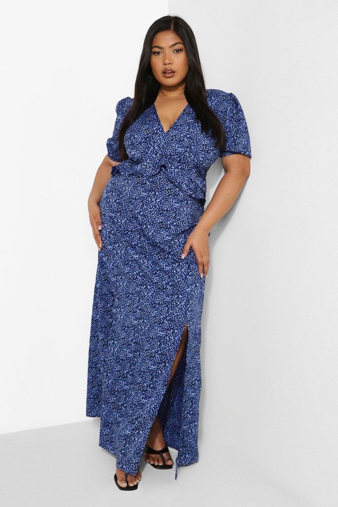 Womens Plus Printed Ruffle Maxi Dress - Blue - 16, Blue