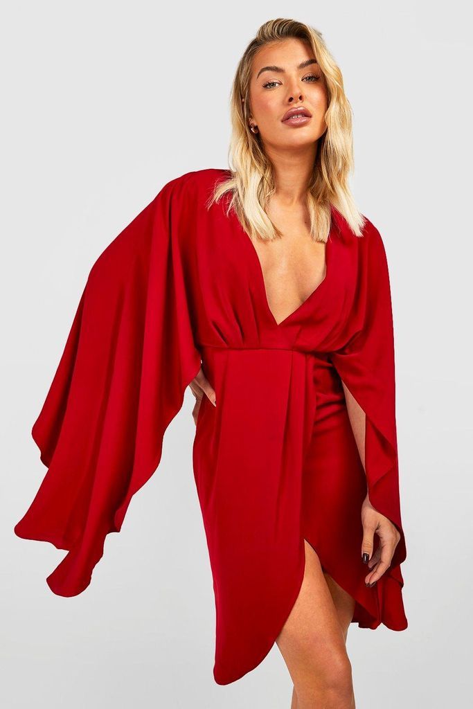 Womens Satin Cape Sleeve Wrap Midi Dress - Red - 8, Red