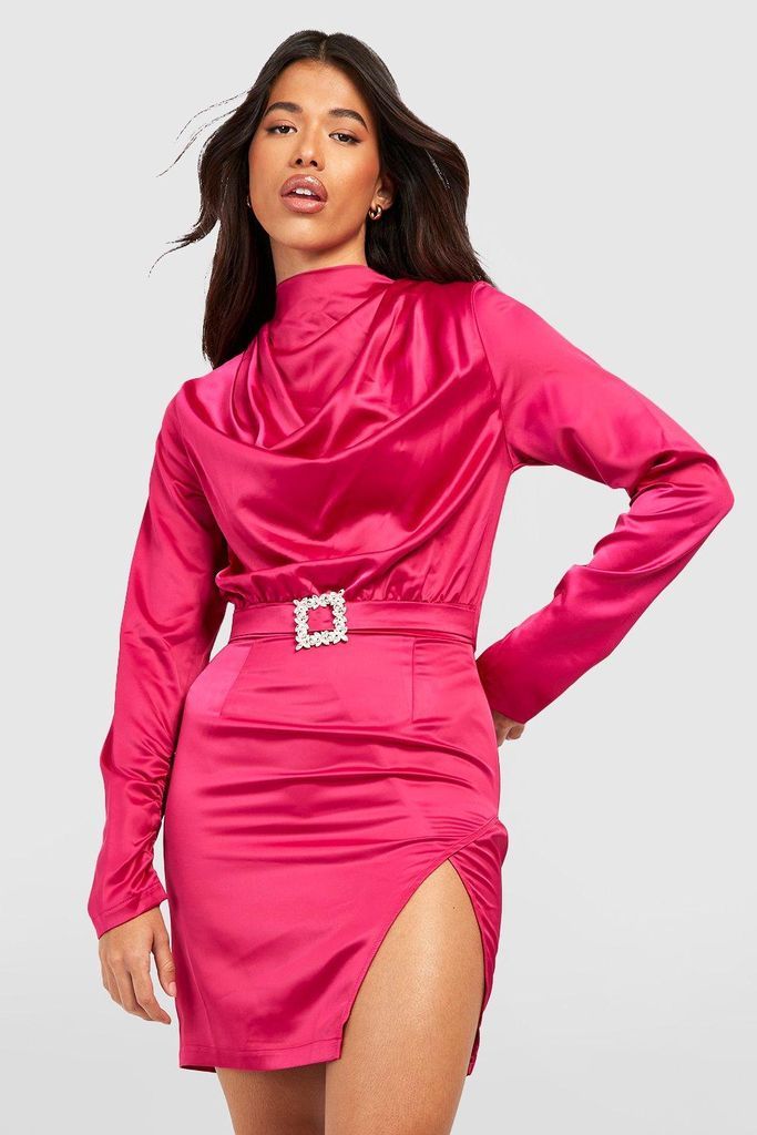 Womens Tall Satin Shoulder Pad Diamante Buckle Dress - Pink - 8, Pink