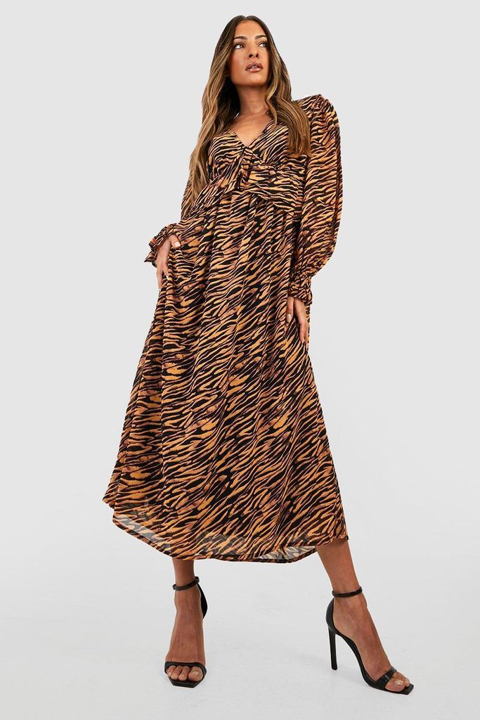 Womens Zebra Print Frill Detail Midi Dress - Brown - 8, Brown