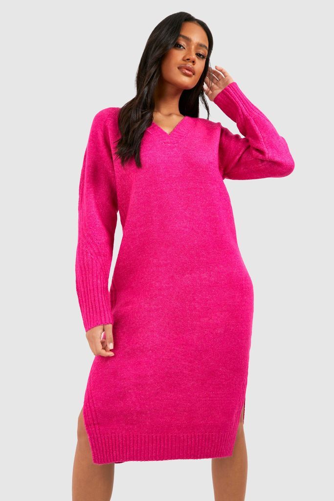 Womens Premium Soft Knit V Neck Slouchy Midi Knitted Dress - Pink - S/M, Pink