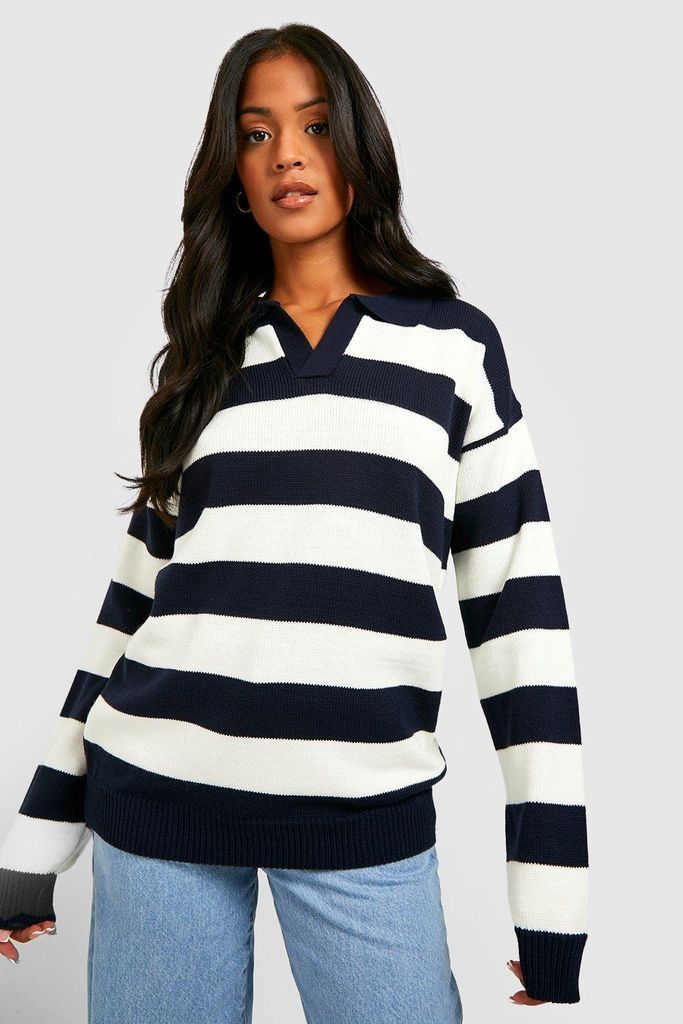 Womens Tall Knitted Stripe Collard Oversized Jumper - Navy - 6, Navy