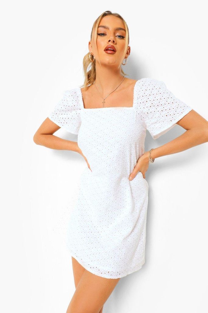 Womens Broderie Square Neck Short Sleeve Mini Dress - White - 16, White