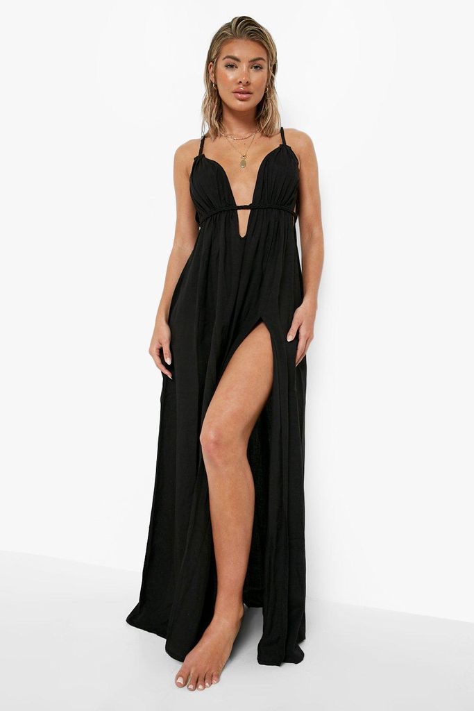 Womens Linen Look Strappy Cut Out Beach Dress - Black - S, Black