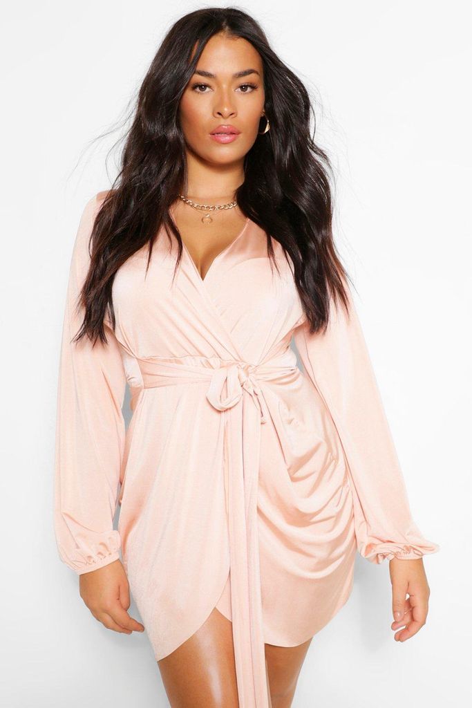 Womens Plus Disco Slinky Belted Wrap Dress - Pink - 28, Pink