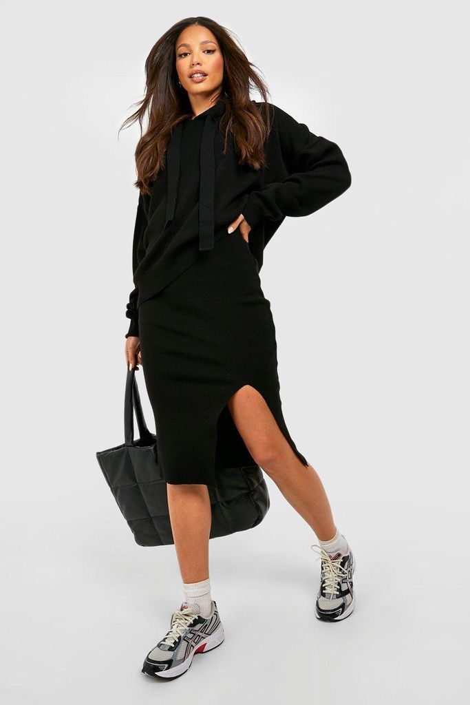 Womens Tall Knitted Oversized Hoodie And Midi Skirt Coord - Black - 6, Black