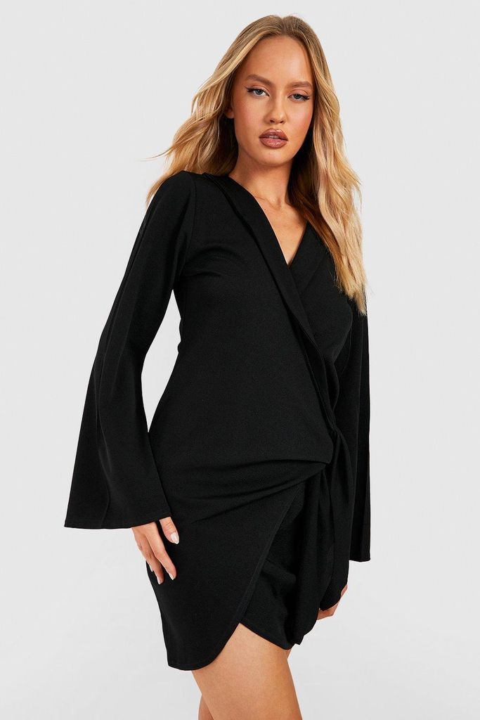 Womens Tall Wrap Tie Mini Flare Sleeve Jersey Blazer Dress - Black - 6, Black