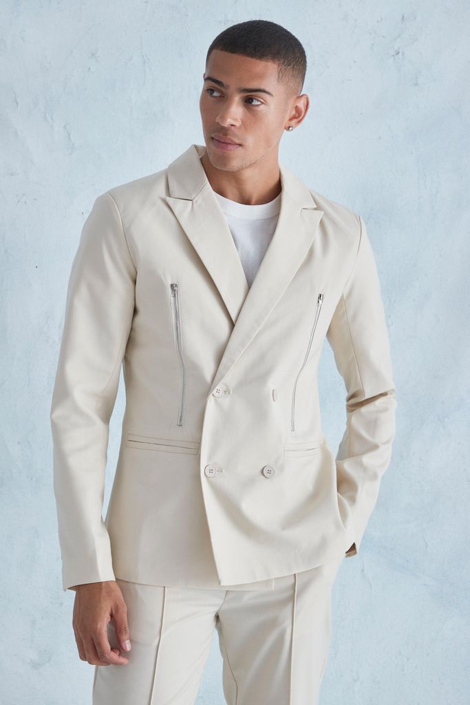 Men's Slim Fit Double Breasted Zip Suit Jacket - Cream - 36, Cream