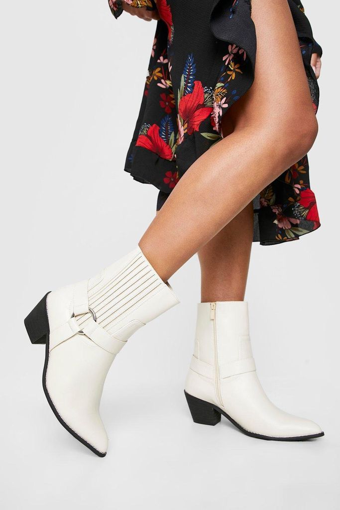 Womens Wide Fit Harness Detail Western Cowboy Ankle Boots - Beige - 3, Beige