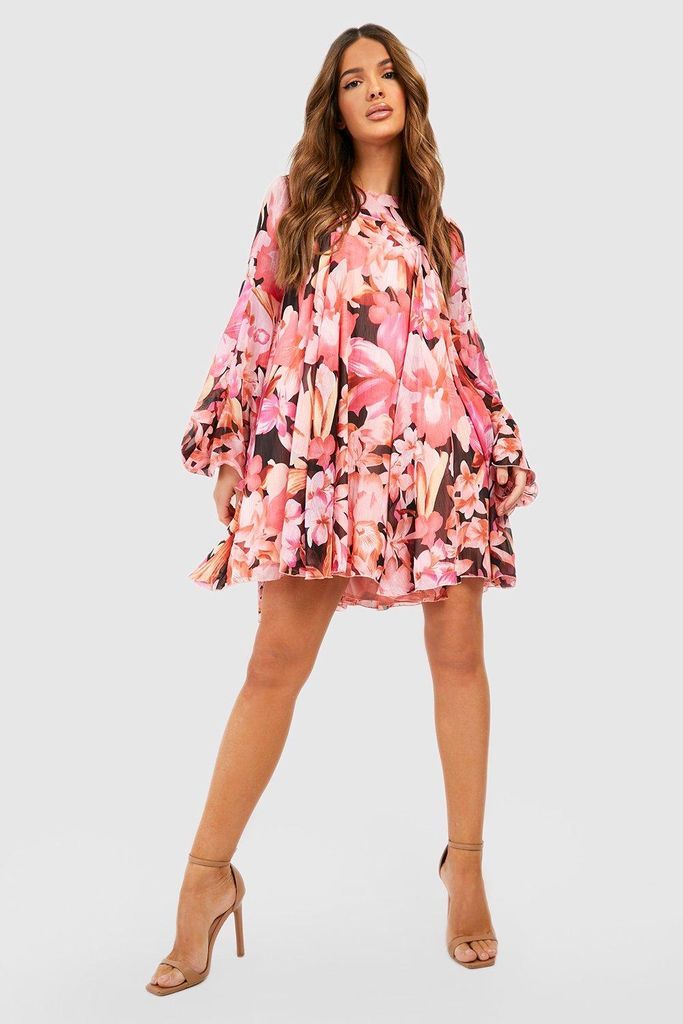 Womens Floral Print Flared Sleeve Smock Dress - Pink - 8, Pink