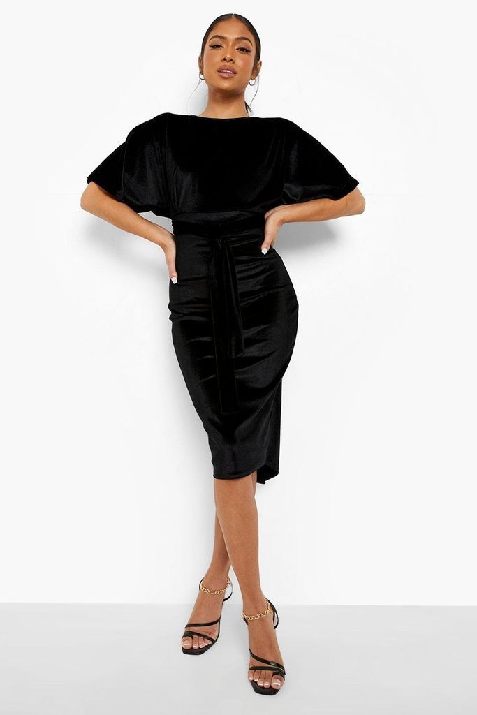 Womens Petite Velvet Tie Waist Wiggle Midi Dress - Black - 8, Black