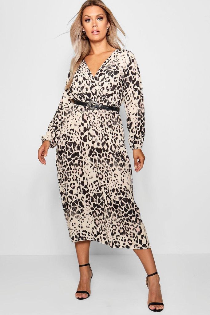 Womens Plus Leopard Midi Dress - Brown - 28, Brown