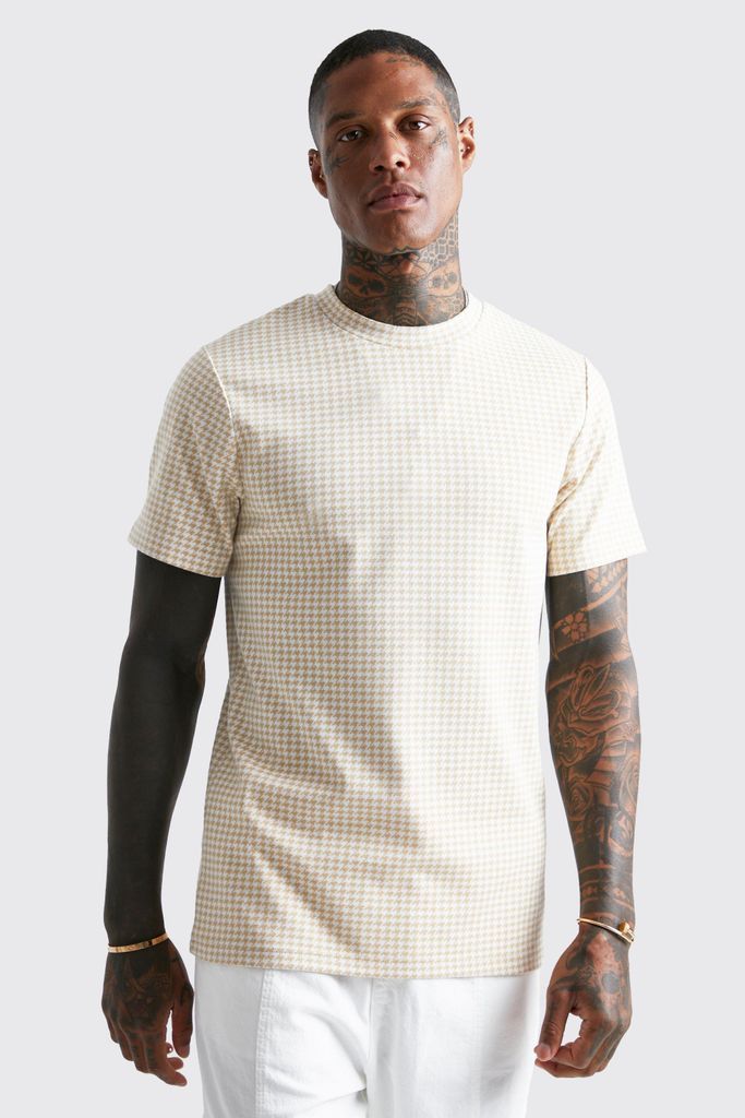 Men's Smart Slim Fit Dogtooth Jacquard T-Shirt - Beige - M, Beige